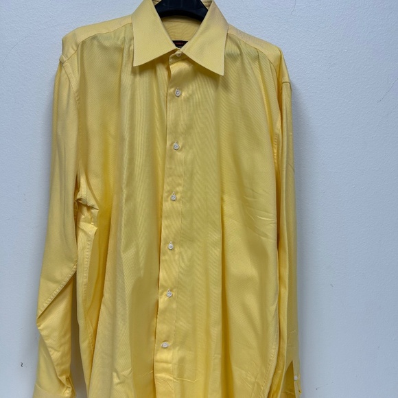 Bijan Mens Shirt Canary Yellow Cotton 16.5/ Large Button Tuck Strap - Picture 1 of 5